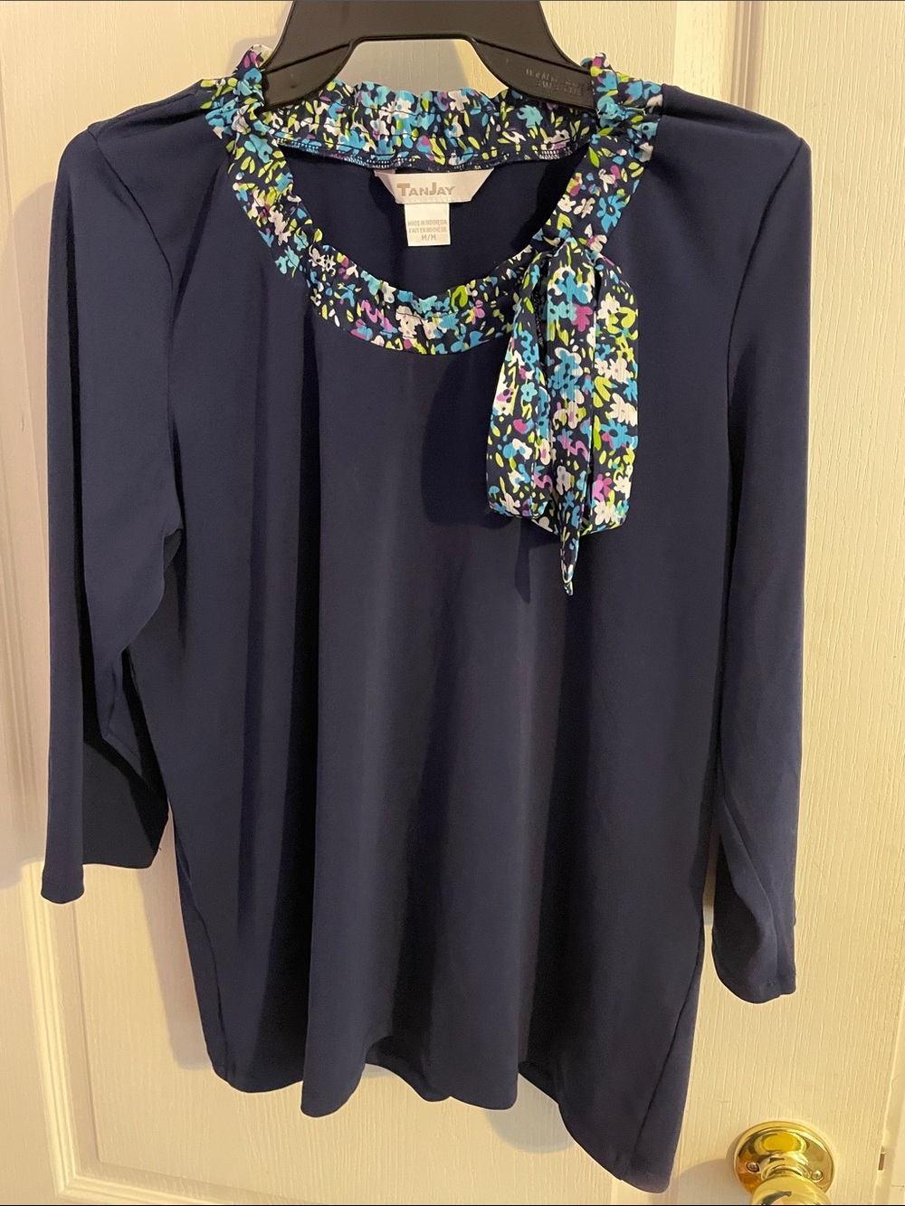TanJay Navy Top with Floral Tie Neck - Size Medium